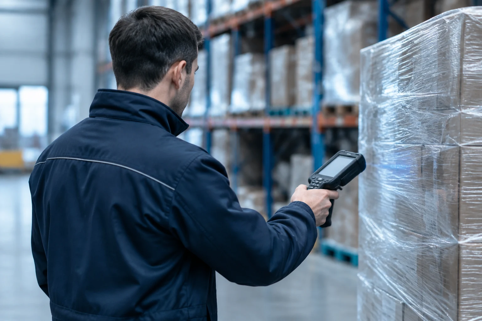Warehouse operator scanning a wrapped pallet with a handheld terminal