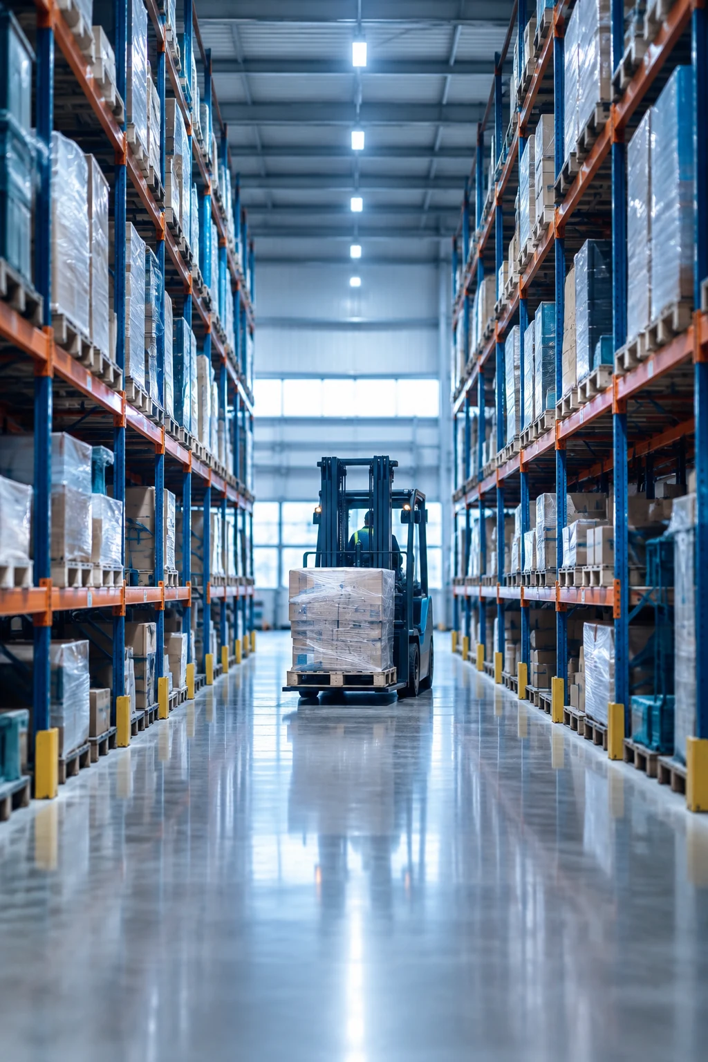 Long warehouse aisle with high pallet racking and a forklift carrying a pallet