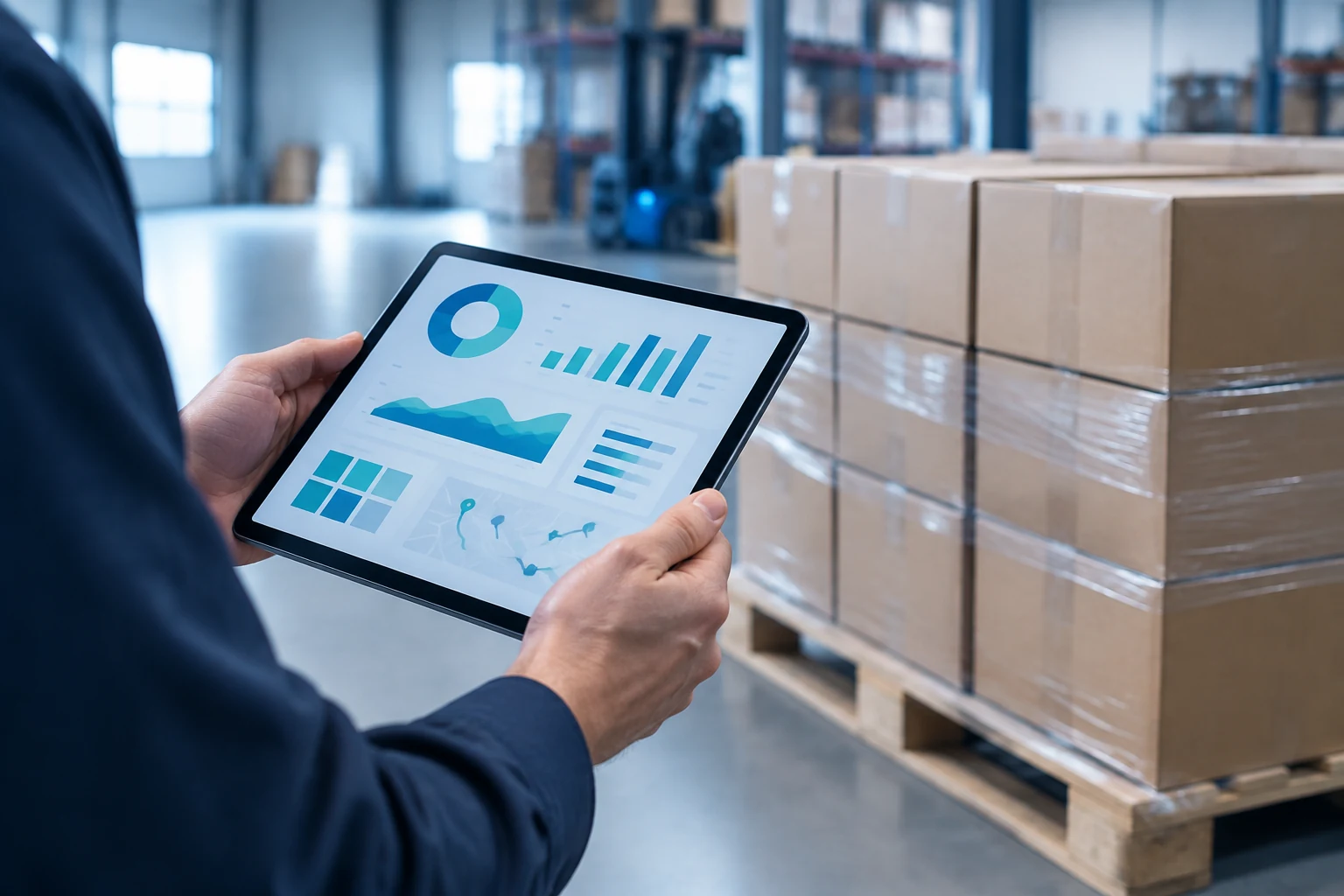 Tablet with cost charts next to a pallet of boxes
