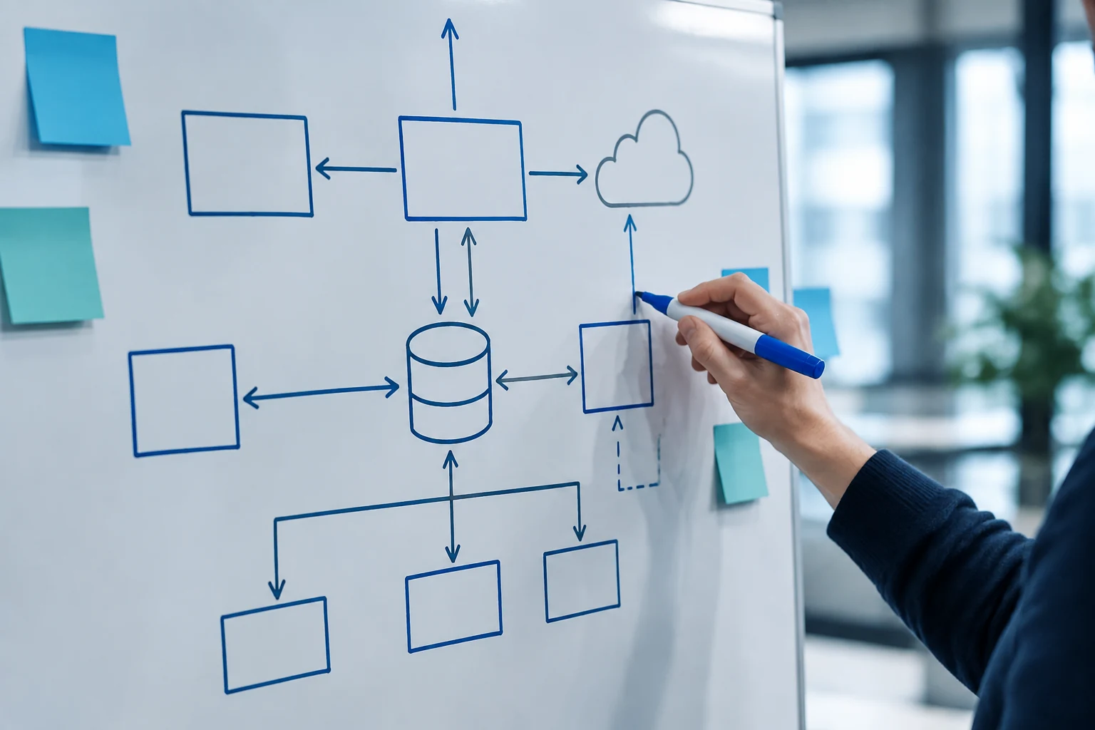 Integration diagram being drawn on a whiteboard with a blue marker