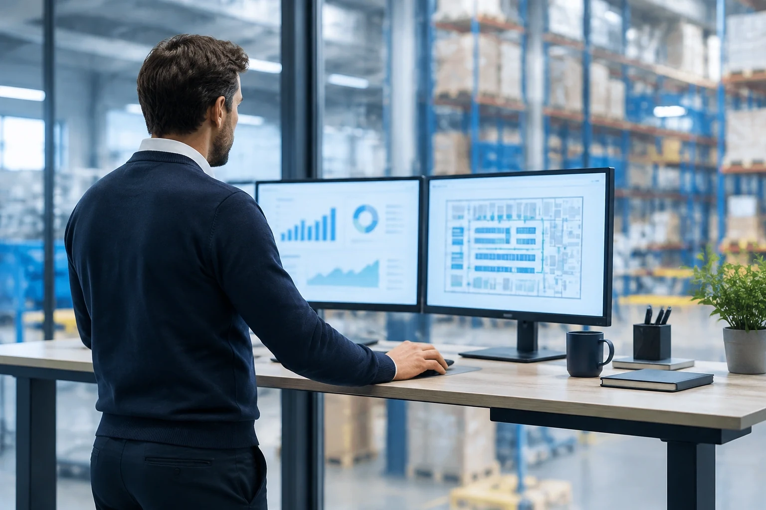 Logistics planner reviewing warehouse system screens in an office next to the racking