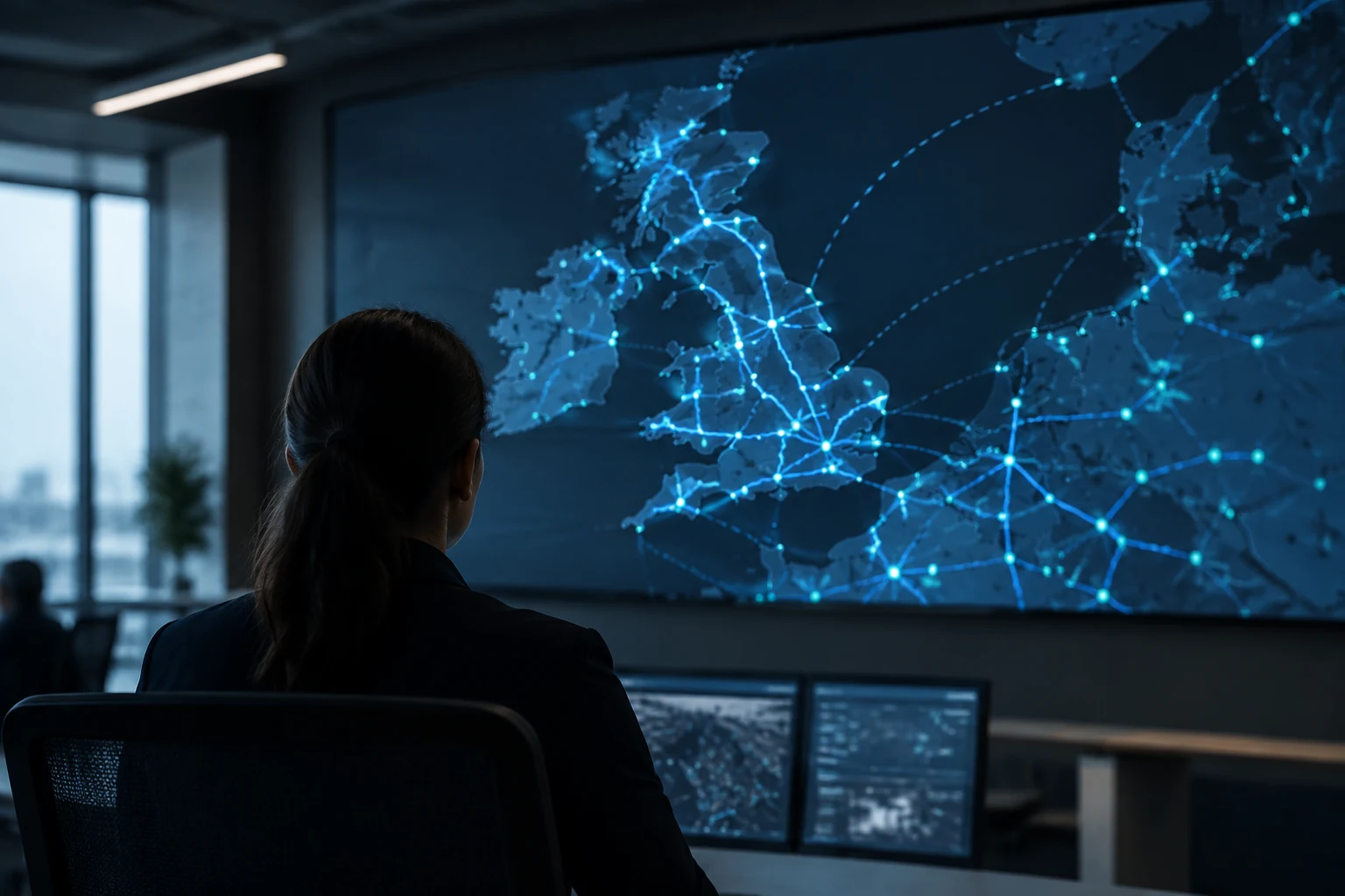 Control room wall screen with a live route map of shipments