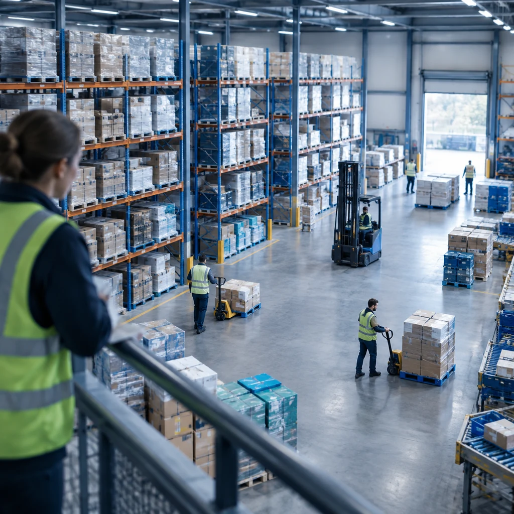 Third-party logistics warehouse floor seen from a mezzanine