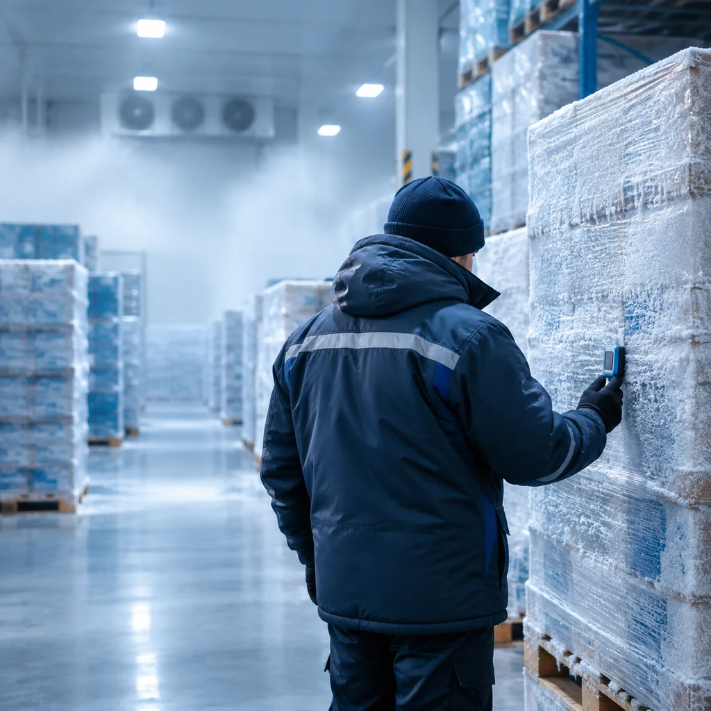 Chilled warehouse with frosted pallets and a worker checking a sensor