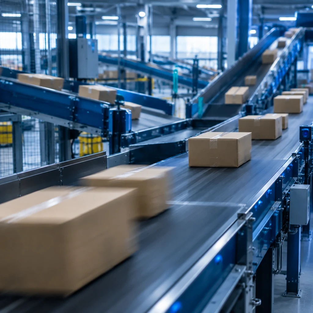 Parcel sorting hub with conveyor belts carrying boxes