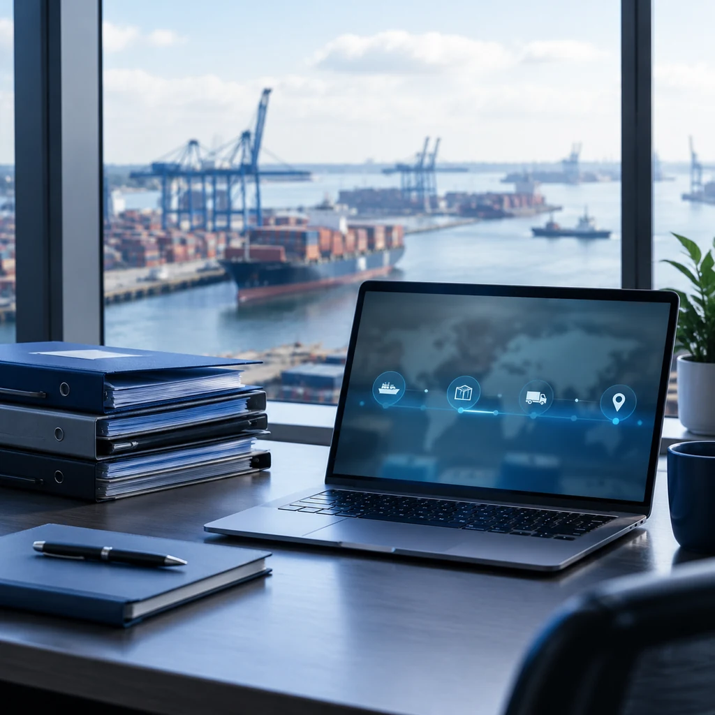 Freight forwarding desk overlooking a port