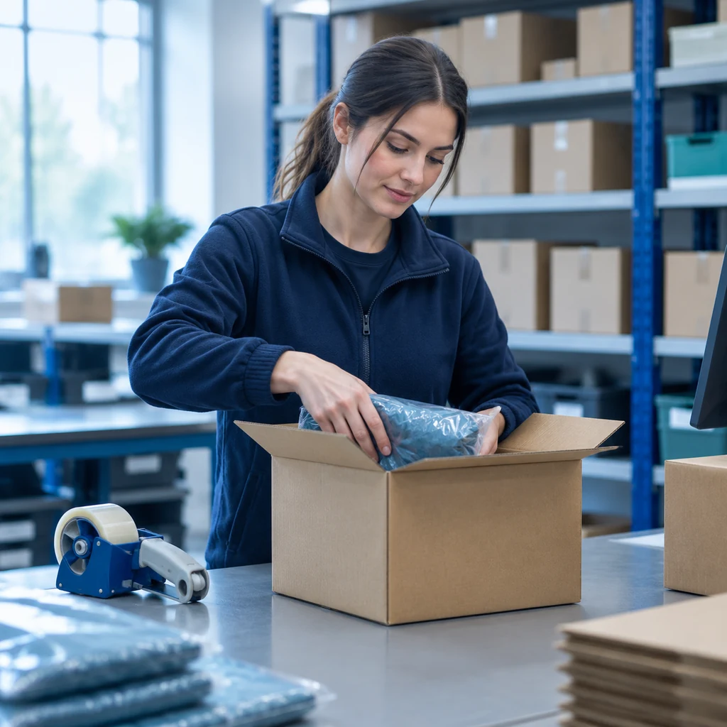 E-commerce packing station with cardboard boxes