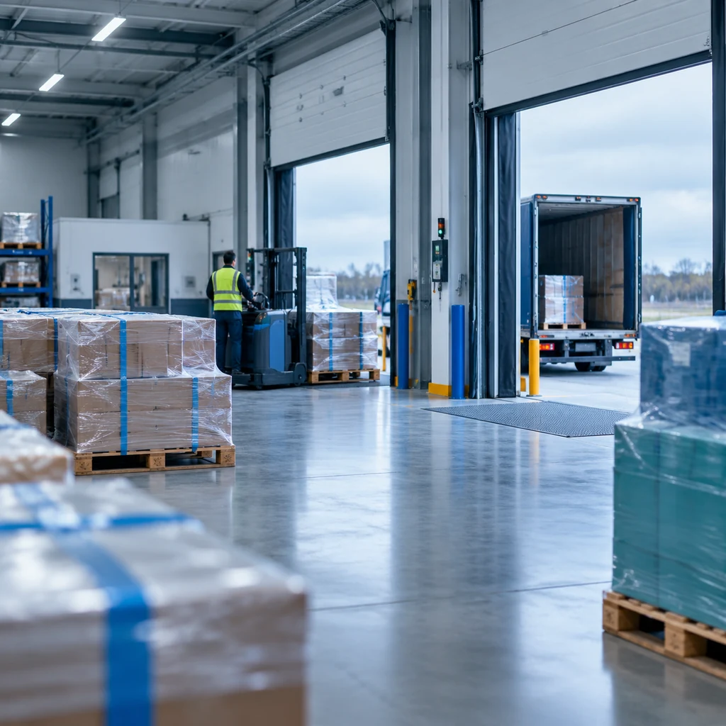 Manufacturing dispatch area with pallets by open loading docks