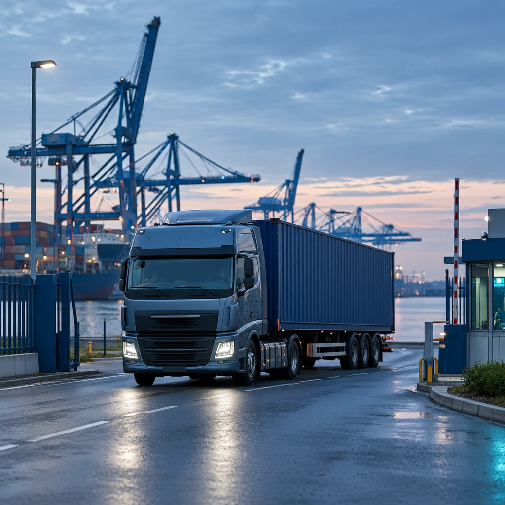 Lorry carrying a container out of a port gate at dusk