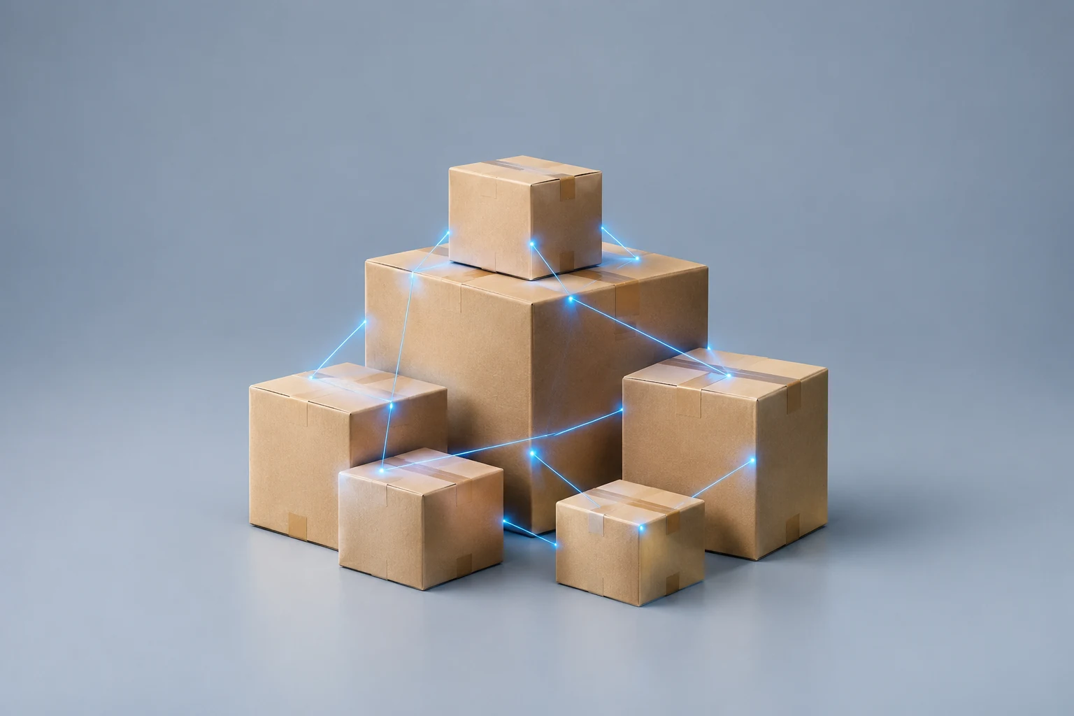Stacked parcels linked by glowing network lines