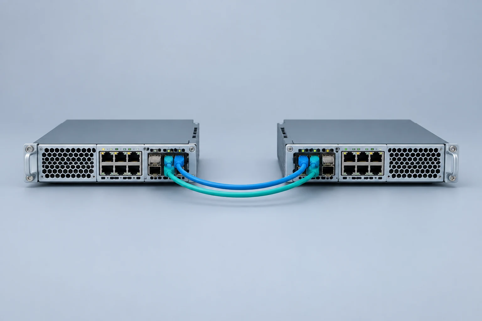 Two network modules joined by patch cables