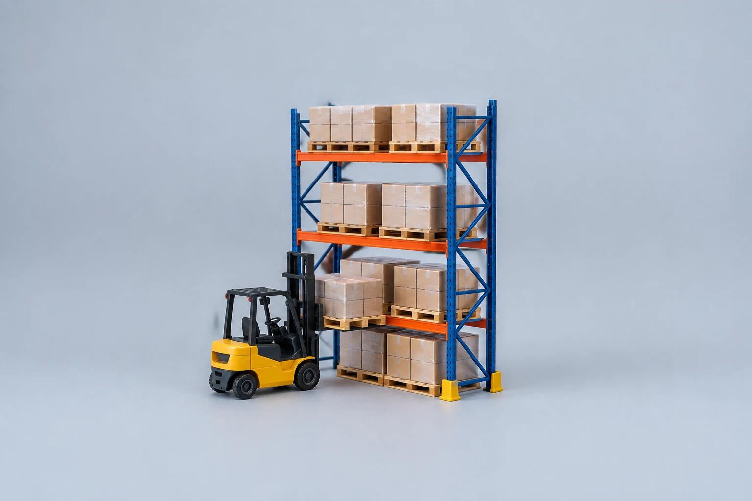 Model of warehouse racking with a miniature forklift