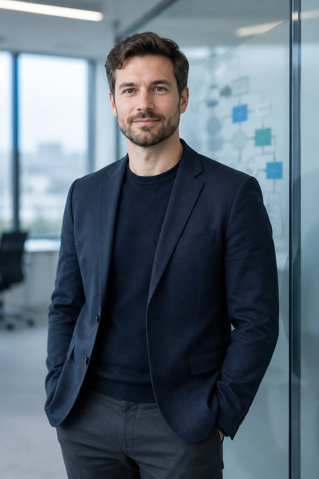 Solutions architect standing by a glass wall