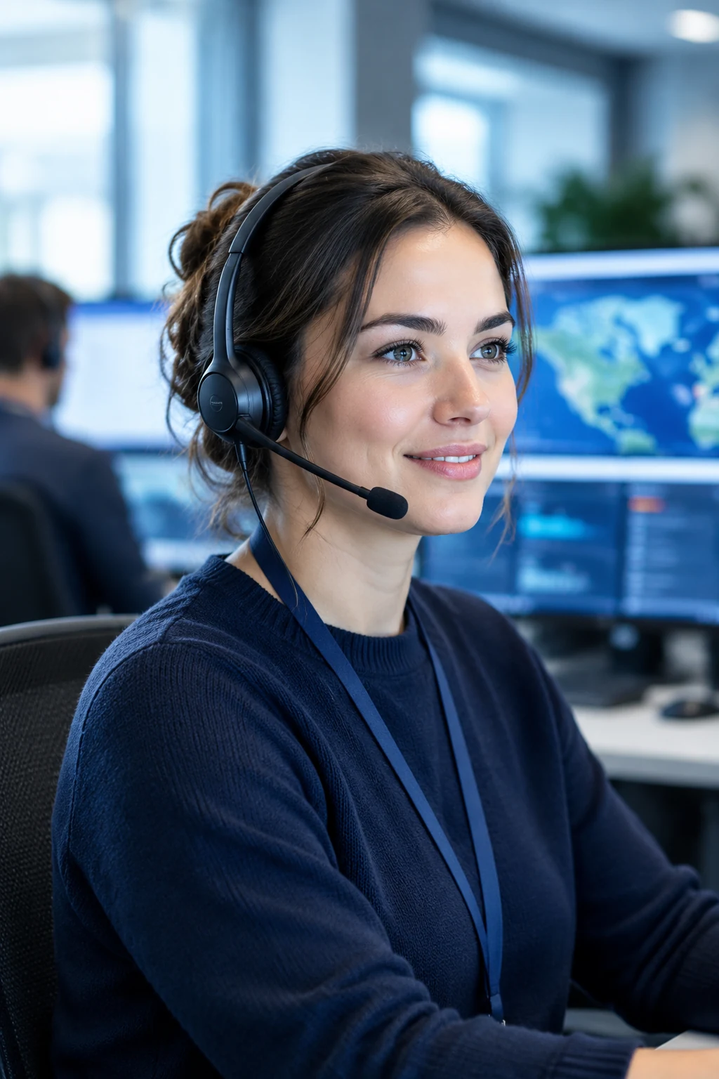 Support engineer wearing a headset in an operations room